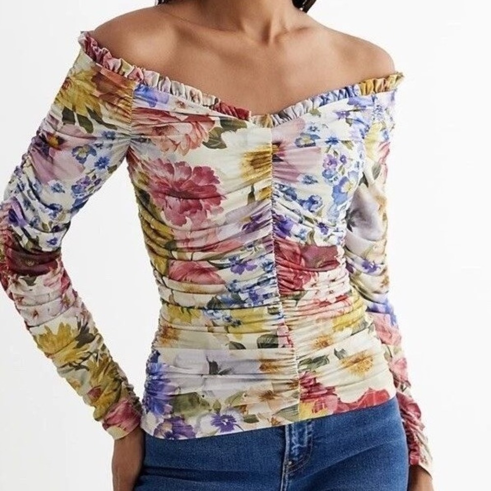 EXPRESS Floral L/S On/Off Shoulder Ruched Body Contour Top NWT $64 Large